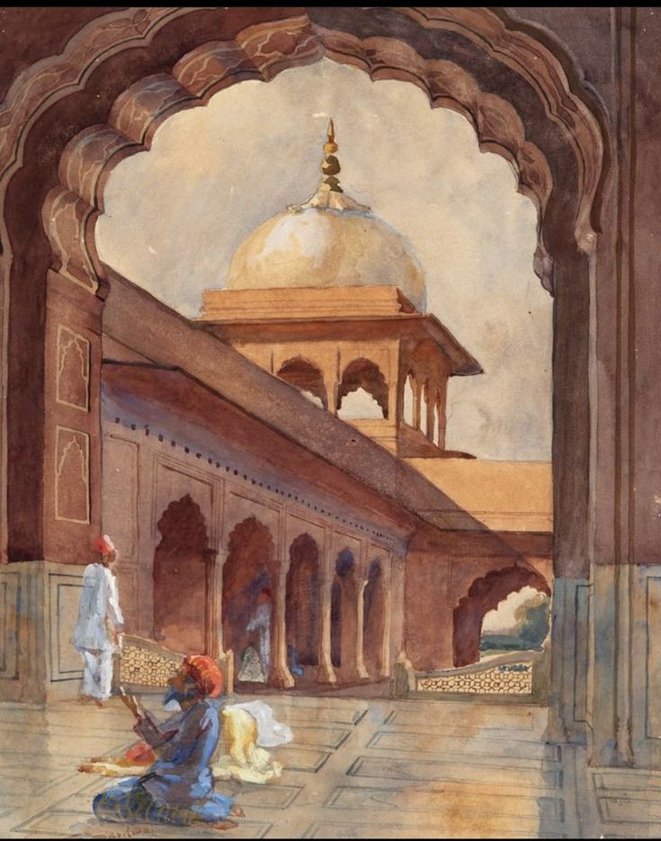 A painting of a Delhi courtyard, framed by a scalloped arch
