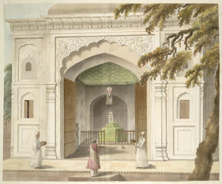 Historical painting of visitors at a marble shrine, from the supplied artwork collection