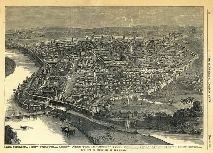 Historical bird’s-eye illustration of the walled city of Delhi