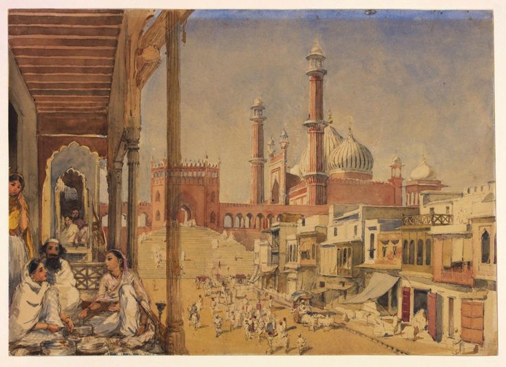Painting of Jama Masjid and the streets of Old Delhi, seen from a balcony