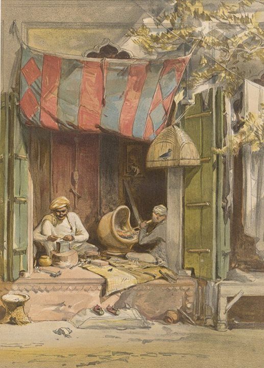 Painting of a Delhi jeweller at work beneath a striped awning