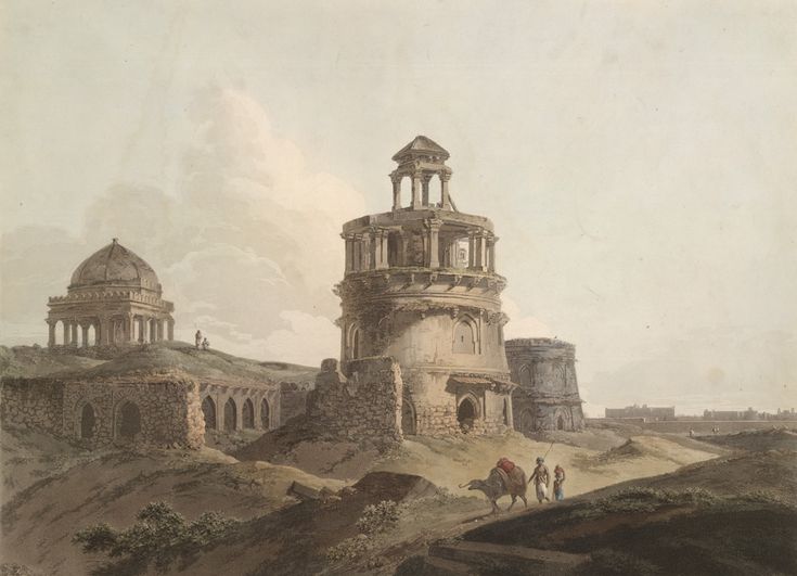 Historical painting of the remains of Feroz Shah Kotla, Delhi